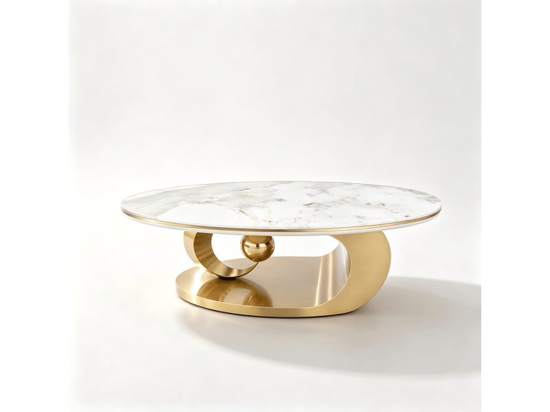  Table basse ovale, table de salon avec plateau en verre effet marbre blanc et piètement en acier inoxydable - doré et blanc  - Conforama A