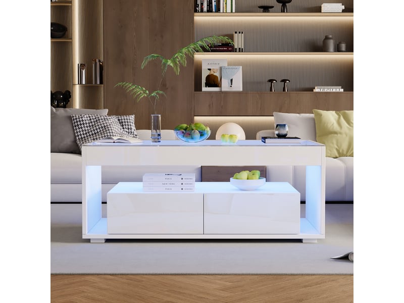  Table basse rectangulaire blanc avec 2 tiroirs - 50x100 cm led panneau de particules table basse blanc - Conforama D