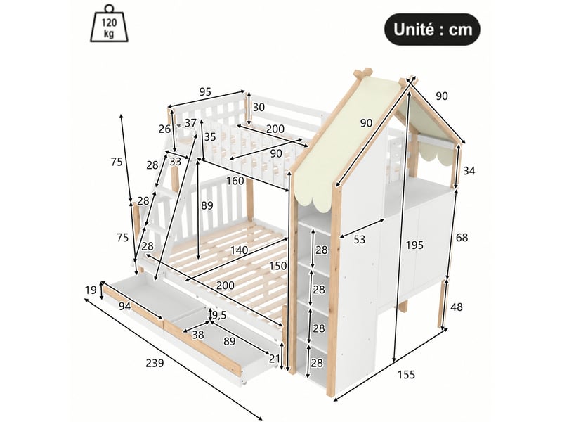  Lit superposé enfant avec couchage inférieur 140 x 200 cm, supérieur 90 x 200 cm, 2 tiroirs, blanc et naturel  - Conforama C