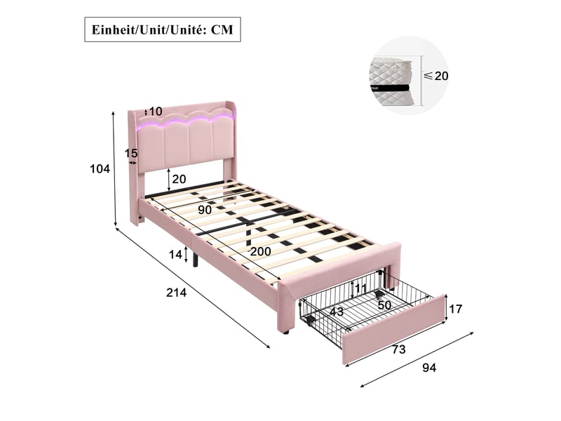  Lit enfant 90x200 cm avec led, tête de lit ondulée avec rangement, tiroir de lit, lit rembourré en velours rose OMNIGLINT TRADING LTD - Conforama C