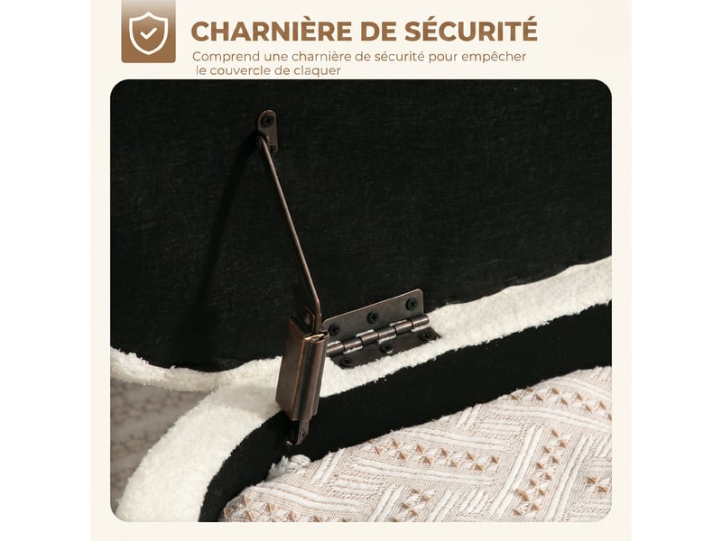  Banc de rangement, crème, banc coffre de rangement en tissu bouclette avec couvercle relevable et pieds en acier  - Conforama E