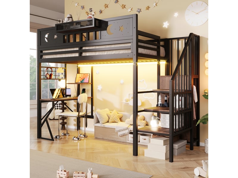  Lit mezzanine 90x200 cm, lit enfant, bureau, panneau perforé, étagères, barrière antichute, port usb, bois et métal noir  - Conforama A
