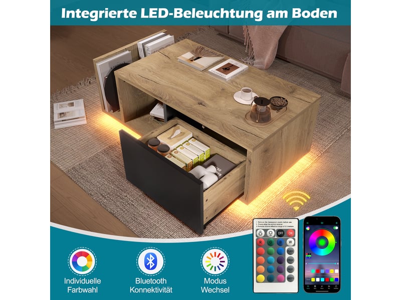 Table basse 99,5x53x38 cm avec led, tiroir de rangement et étagères ouvertes, style bois et métal rétro pour salon - naturel  - Conforama C
