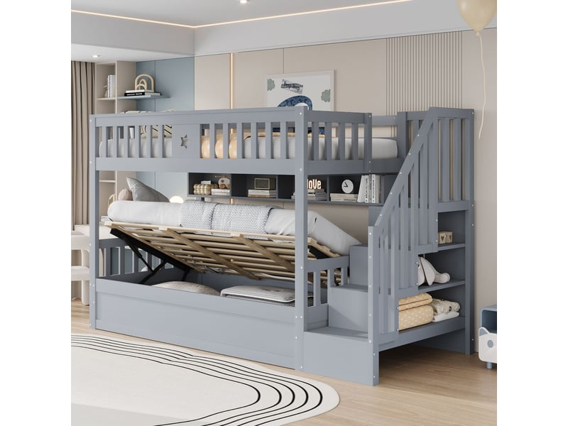 Lit superposé 90x200cm avec grand coffre hydraulique - lit superposé enfant - escalier, étagères, bois massif, sécurisé, gris  - Conforama B