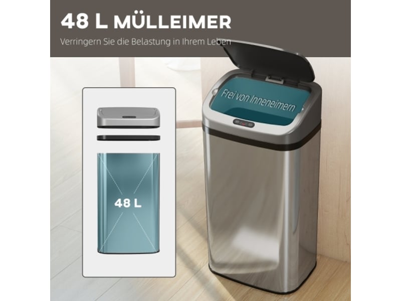 Poubelle à capteur 48 l en inox, ouverture automatique, fermeture douce, argentée, cuisine et bureau - Conforama B