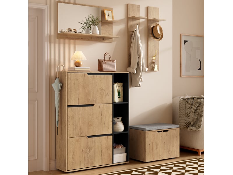  Meuble d'entrée avec miroir, patères, étagères, meuble à chaussures, banc rembourré, noir naturel, 150 × 35 × 161,5 cm  - Conforama C