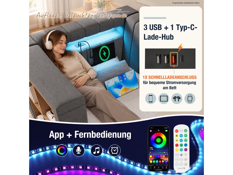  Lit banquette coffre 140x200 cm, banquette-lit, ouverture hydraulique, éclairage led, ports usb et type-c, sommier à lattes, lin gris CozyNest - Conforama E