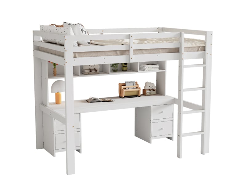 Lit mezzanine 90x200 cm, lit enfant avec rangement et table en dessous, en bois, blanc, sans matelas - Conforama A