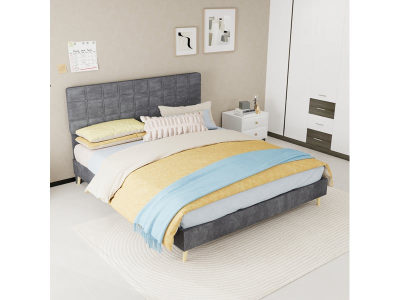  Lit 2 places 160x200 cm avec matelas tête de lit capitonné een tissu gris  - Conforama E