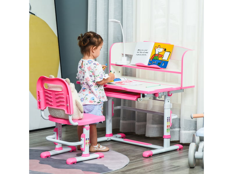  Bureau scolaire réglable pour enfants de 6 à 12 ans avec lumière led, pupitre et porte-stylo, en mdf, pp et acier, rose  - Conforama B