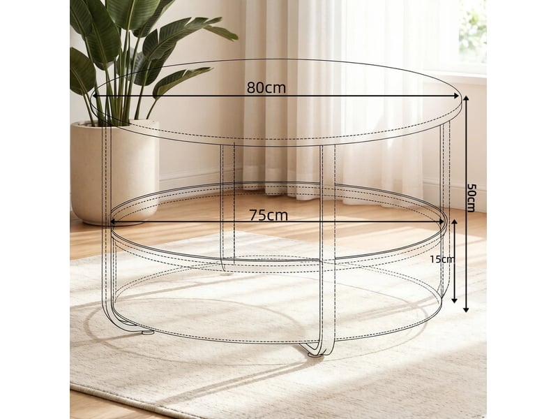  Table basse ronde avec panier de rangement, plateau facile à nettoyer, pour salon, ø 80 × 50 cm, en métal et toile, beige  - Conforama D