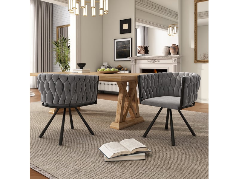  Chaise de salle à manger pivotante à 360 degrés, lot de 4 avec dossier incurvé et pieds en métal, velours gris  - Conforama D
