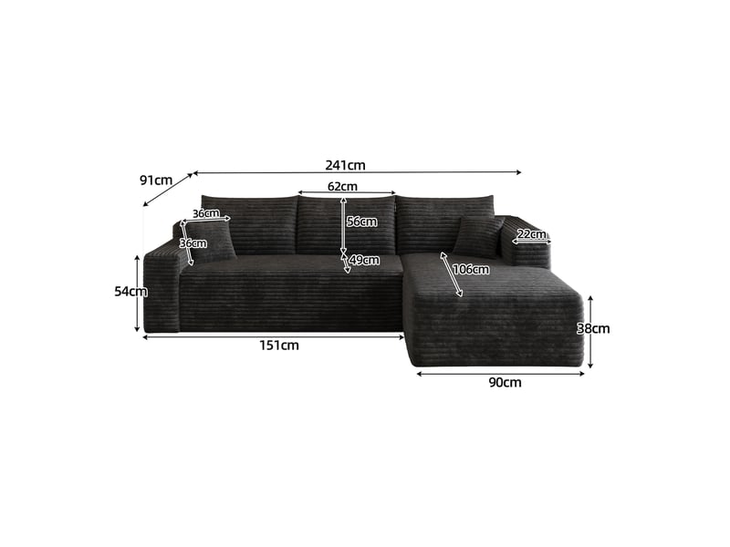  Canapé d’angle noir 3 places en velours côtelé, canapé avec méridienne de 241 cm pour salon, assise profonde et confortable  - Conforama E
