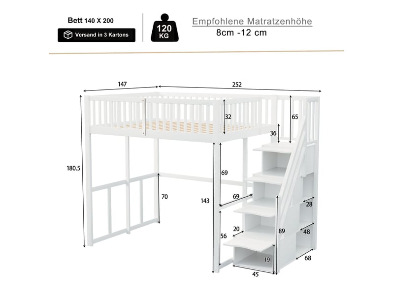  Lit mezzanine 140x200 cm avec échelle de rangement et garde-corps de sécurité, bois, blanc, pour chambre, sans matelas  - Conforama C