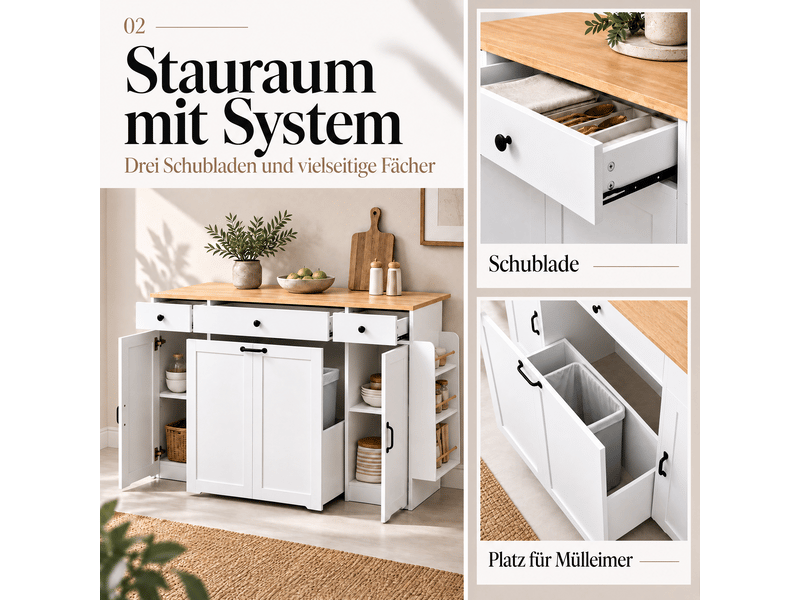  Buffet de cuisine 136 cm avec 3 tiroirs et 2 portes, meuble de rangement avec plateau effet bois, armoire vaisselle pour salle à manger - blanc et bois  - Conforama D