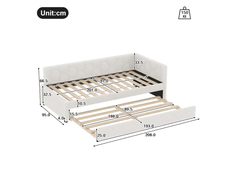  Lit de jour 90x200 canapé lit enfant avec lit gigogne et ports usb, tissu bouclette blanc  - Conforama C