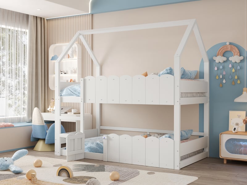  Lit superposé pour enfants 90x200 cm avec barrière de sécurité, lit cabane avec sommier à lattes, lit 1 personne, blanc  - Conforama R
