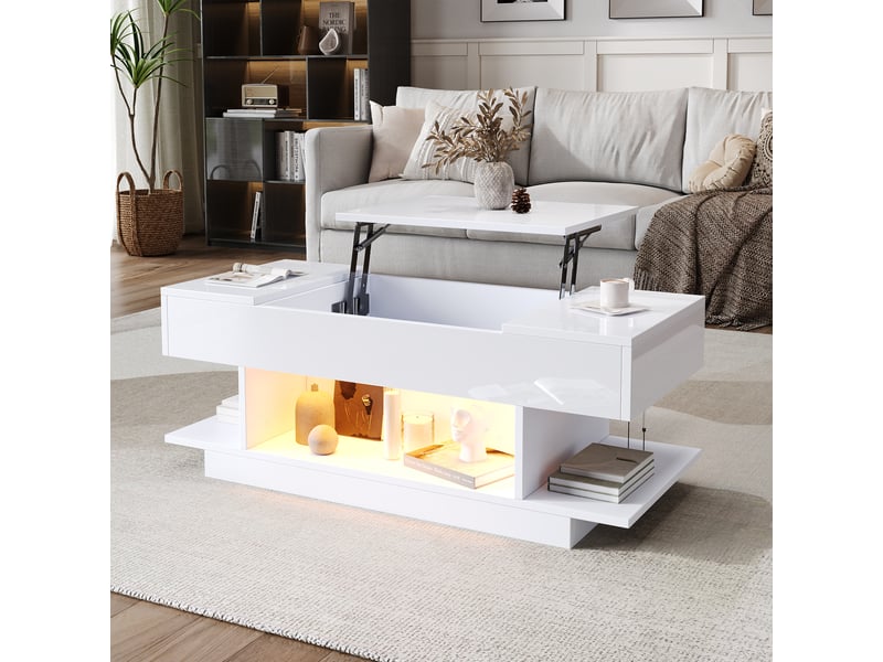  Table basse relevable blanche avec led, table de salon avec rangement caché et ouvert, hauteur réglable, 98x45x40cm  - Conforama D
