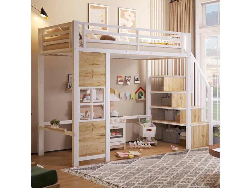  Lit surélevé enfant 90 x 200 cm, métal et mdf, escalier de rangement, blanc  - Conforama B