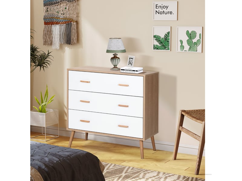  Commode en bois à 3 tiroirs, meuble de rangement moderne avec pieds surélevés pour chambre et salon, 80 x 39 x 80 cm, blanc et naturel  - Conforama D