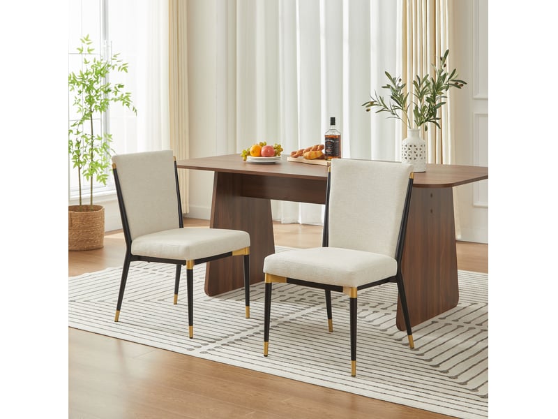  Lot de 2 chaises de salle à manger scandinaves en tissu beige, piètement noir et doré  - Conforama C