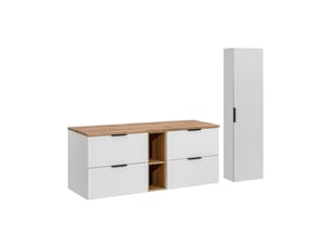 Ensemble de salle de bain noxera 140 cm – meuble suspendu blanc alpin avec plan pour vasque chêne wotan et rangements