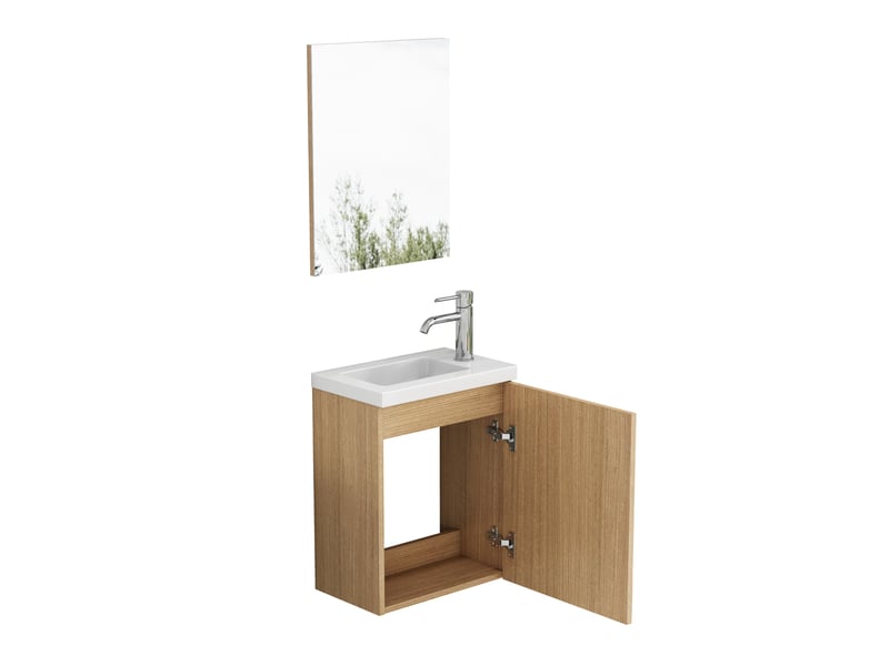  Meuble sous-vasque mural 40x25x48 cm avec lavabo céramique et miroir, chêne  - Conforama E