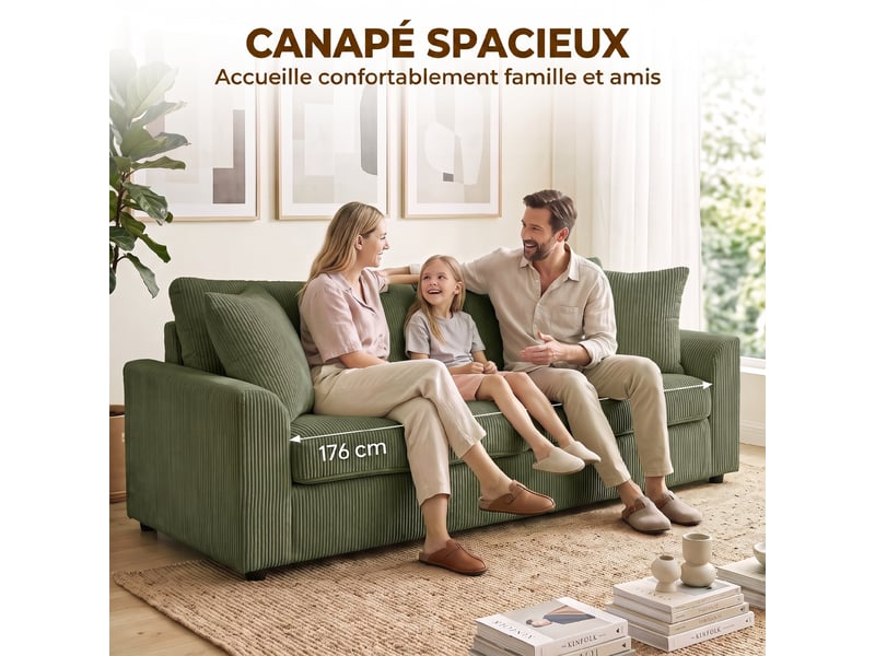  Canapé 3 places 212 cm avec 2 coussins à ressorts, tissu velours côtelé, pour salon, chambre, bureau à domicile, vert  - Conforama D