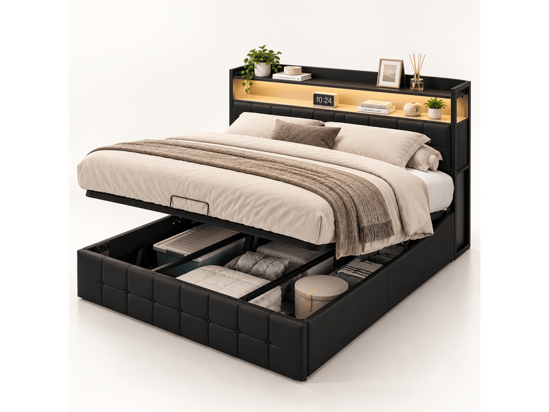 Lit coffre double 140x190cm avec led et prise usb tpye c - rangement de chevet et tête de lit rembourré- hydraulique - lit adulte 2 personnes - pu - noir - lit capitonné, lit 2 places, cadre de lit, lit ado, sommier à lattes, c… - Conforama A