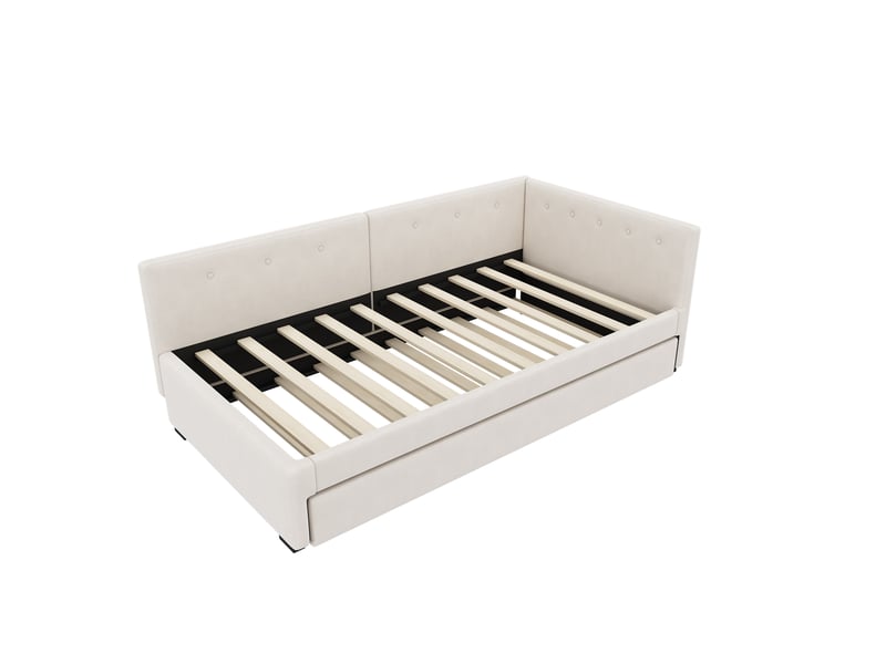  Lit banquette 90x200 avec lit gigogne, canapé lit simple en velours beige, cadre de lit avec sommier  - Conforama E