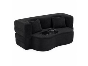 Canapé convertible compressé 2 places pliable en microfibre noire avec 2 coussins