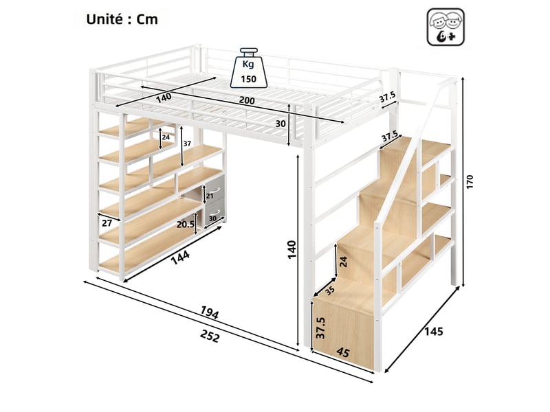  Lit superposé 140x200 cm blanc mdf et métal avec rangements tiroirs en tissu marches intégrées garde-corps échelle et ruban led sans matelas Sol Morn - Conforama C