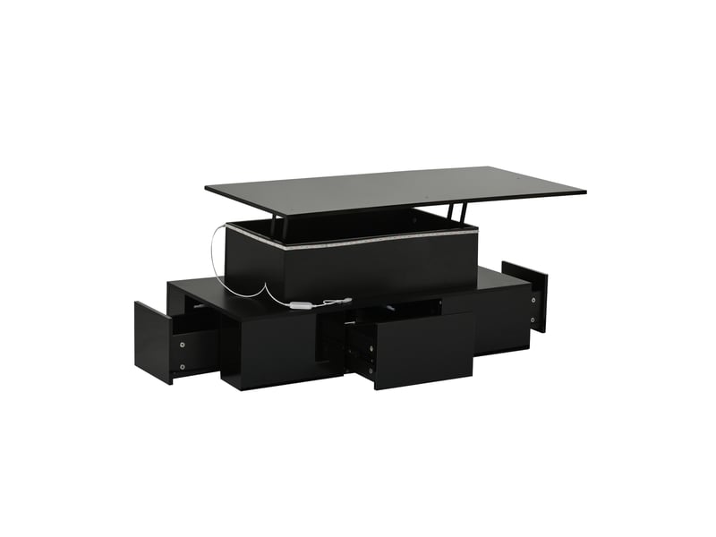 Table basse à plateau relevable, noire, 100 x 50 x 40 cm, 4 tiroirs, led et rangement caché - Conforama E