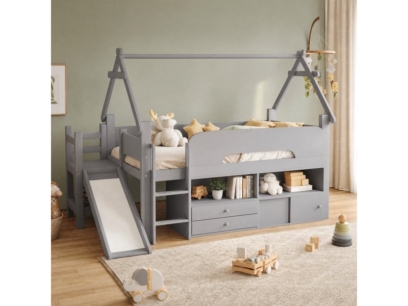Lit mezzanine enfant 90x200 cm avec toboggan, rangements, toit, bois et mdf, gris sans matelas - Conforama B