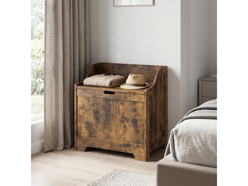  Coffre de rangement avec charnière de sécurité, coffre en bois avec poignée encastrée pour salon et entrée, brun rustique  - Conforama D