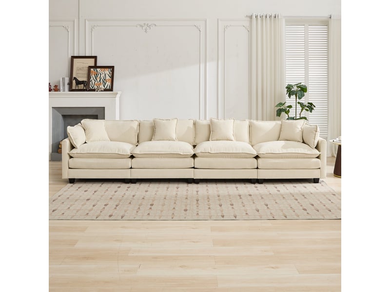  Canapé 4 places en chenille beige, canapé modulable et rembourré double couche pour salon et appartement ,pouf non inclus  - Conforama D