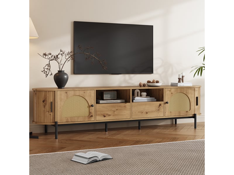  Meuble tv ovale, avec 2 portes coulissantes, 2 portes, 2 tiroirs, niches et passe-câbles, mdf naturel, 200×40×49.5 cm  - Conforama B