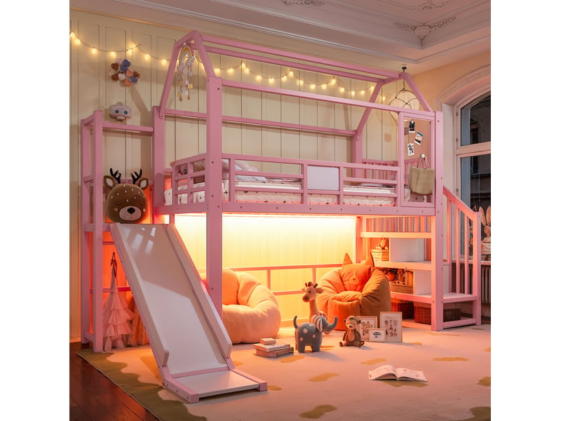 Lit mezzanine enfant 90x200 cm en métal rose avec toboggan, escalier et led - Conforama E