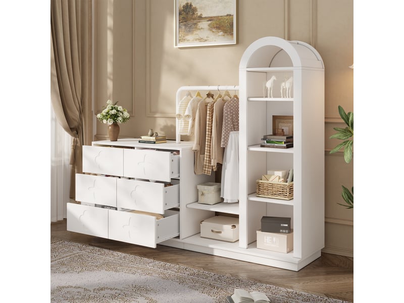  Commode avec penderie 160,5x40x134 cm, 6 tiroirs, tringle à vêtements et niche ouverte en arche, rangement 3-en-1 - blanc  - Conforama B