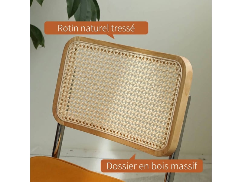  Lot de 4 chaises de salle à manger en velours orange, piètement cantilever en acier chromé  - Conforama W