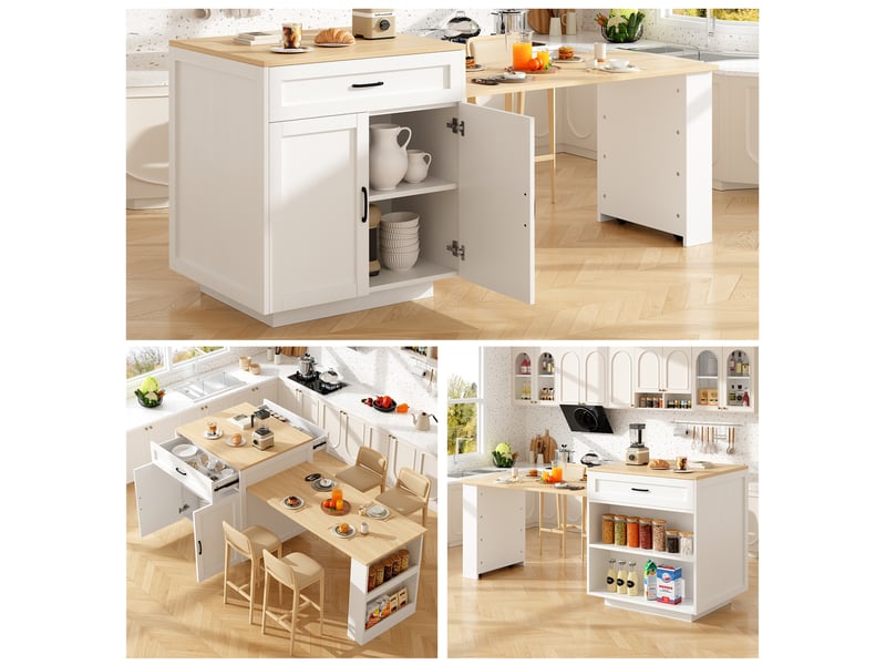  Îlot central cuisine extensible 133-202 cm table haute cuisine blanche avec roulettes et rangement 2 à 6 personnes  - Conforama B