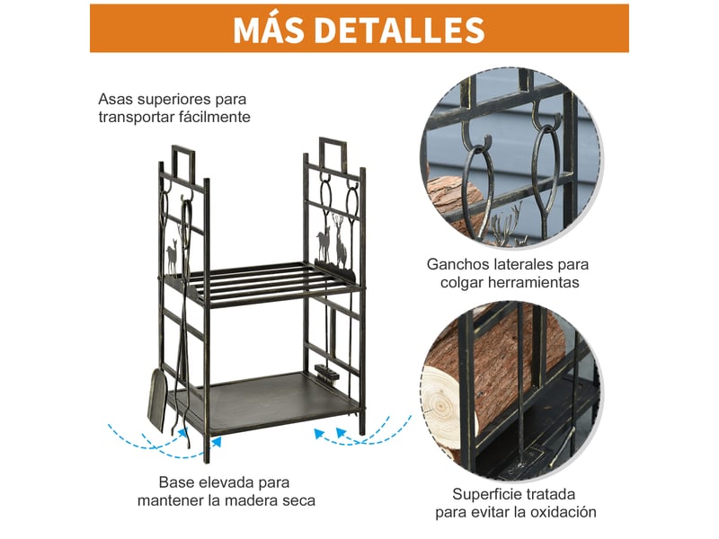 Porte-bûches avec quatre outils de cheminée, fer forgé à deux niveaux, 51,5 x 33 x 77 cm - Conforama R