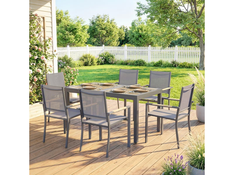 Salon de jardin ensemble mobilier de jardin 7 pièces table effet bois 6 chaises empilables en textilène 140x80x72cm gris - Conforama C