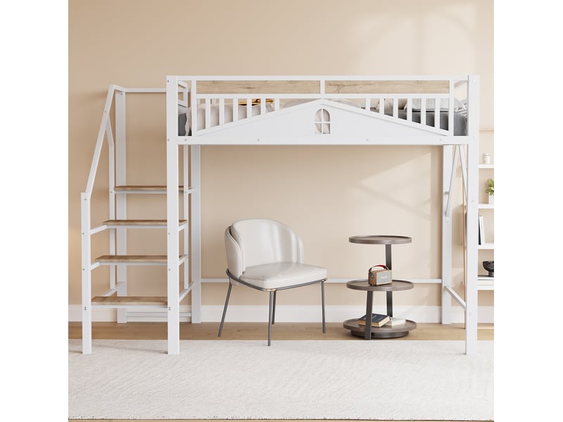 Lit mezzanine enfant 140x200 cm – blanc – escalier sécurisé, garde-corps et espace sous le lit – sans matelas - Conforama B