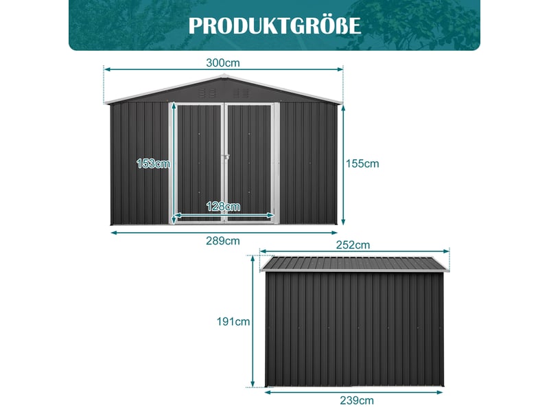  Grand abri de jardin en métal 300 x 252 x 191 cm, espace de rangement 6,91 m² avec double porte verrouillable, toit à deux pentes, gris Luxe haut de gamme - Conforama C