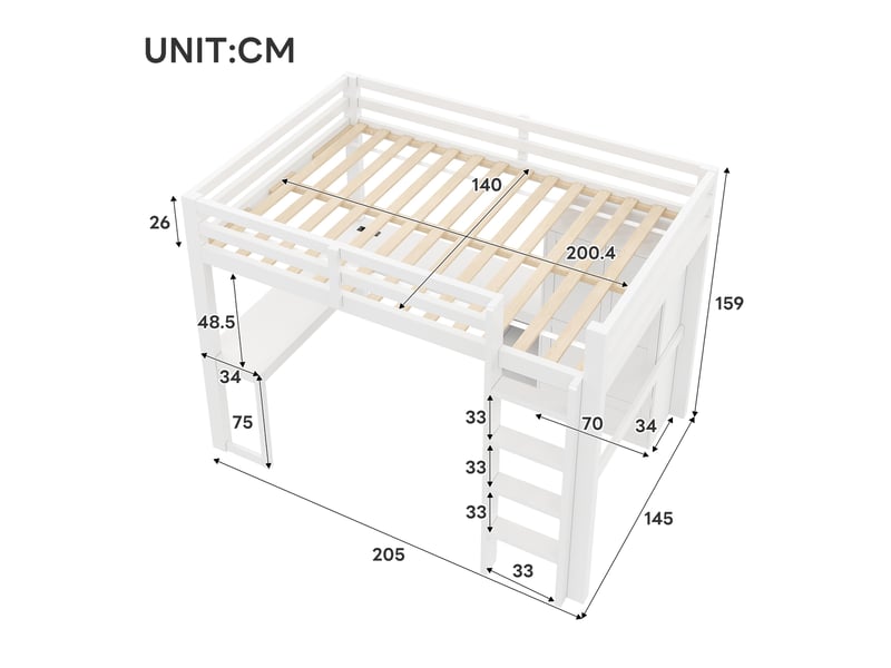  Lit mezzanine - 140x200 cm - bureau intégré - armoire intégrée - rangements intégrés - éclairage led - port usb - lit enfant - blanc CozyNest - Conforama E