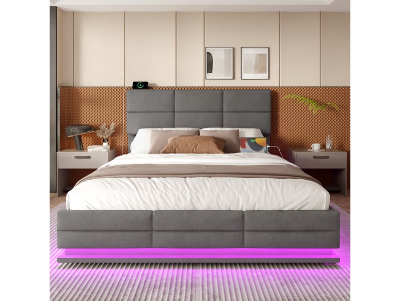  Lit coffre 180 x 200 cm en velours gris foncé avec led, usbtype-c et tête de lit réglable  - Conforama D