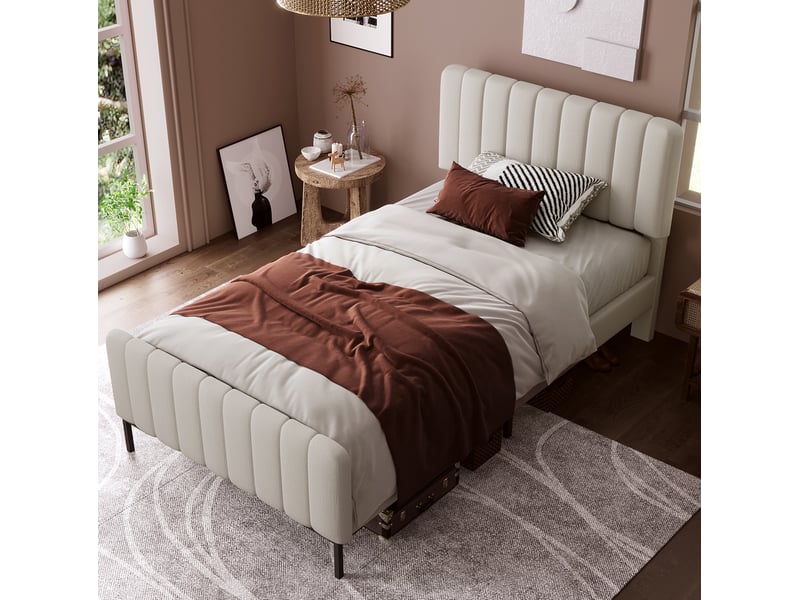  Lit simple 90x190 cm avec sommier et tête de lit réglable, lin gris beige clair, sans matelas  - Conforama B