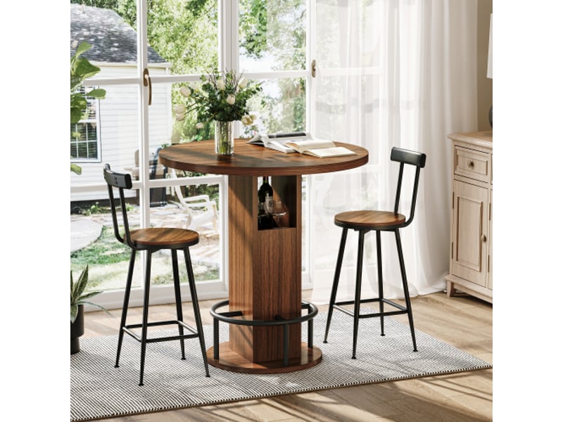 Ensemble table-bar 3 pièces: table ronde 80 cm + 2 tabourets en noyer, piètement métallique – salon-café - Conforama B
