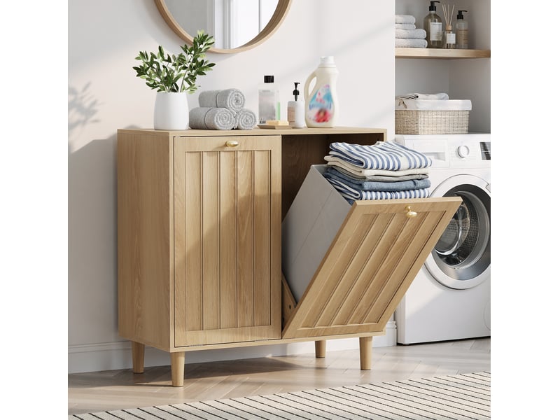  Meuble à linge 69,5x35x70,5 cm avec deux paniers amovibles, mdf, coloris chêne  - Conforama B